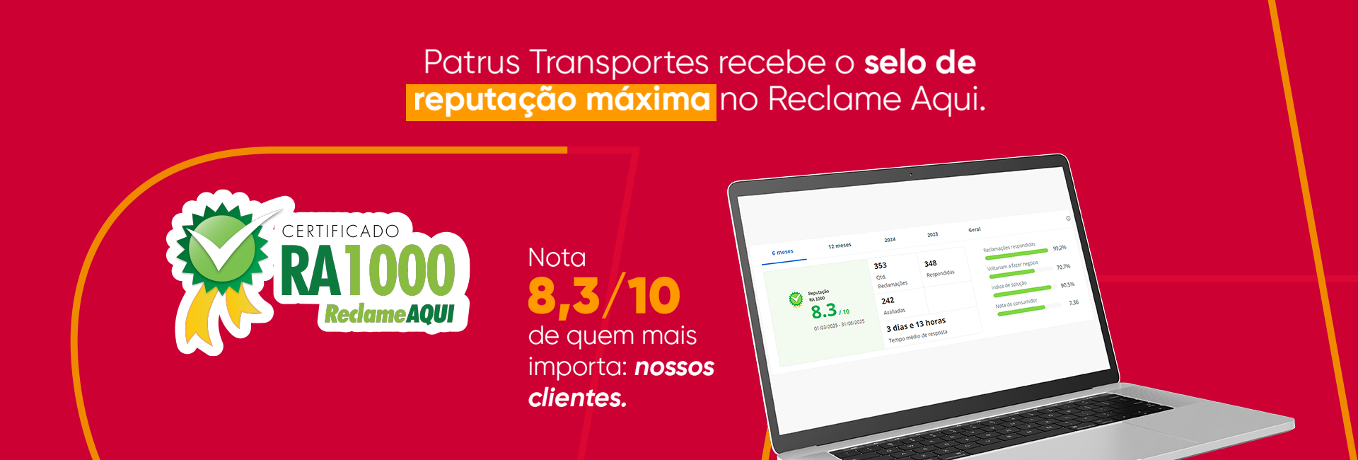 Patrus Transportes conquista o selo RA1000 do Reclame AQUI!